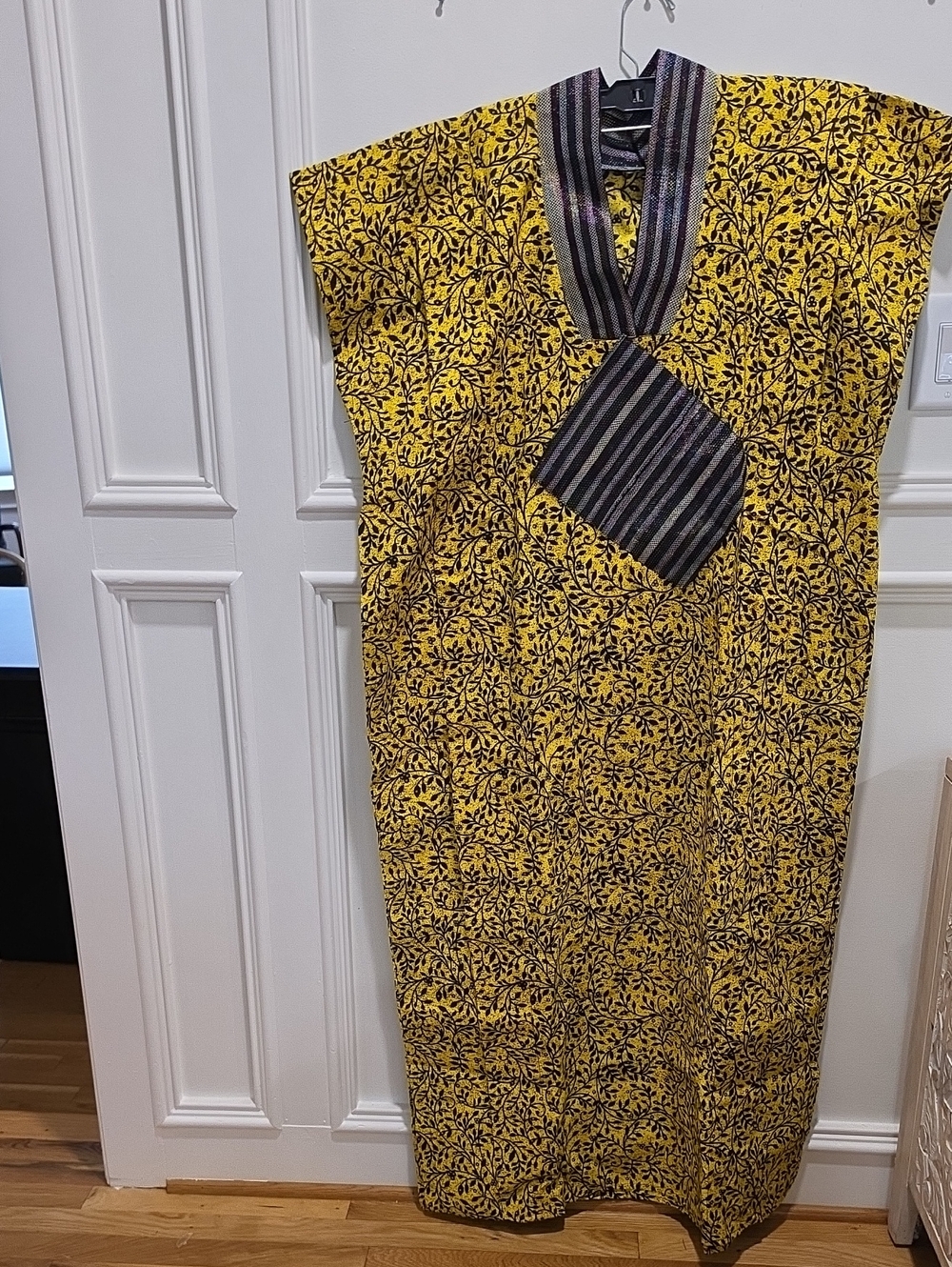Yellow Floral V-Neck Maxi Dress with Contrasting Stripe Trim